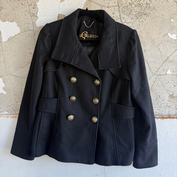 Guess Jackets & Blazers - Y2K Guess Military Peacoat Black Wool Gold Button Double Breasted Coat Womens L